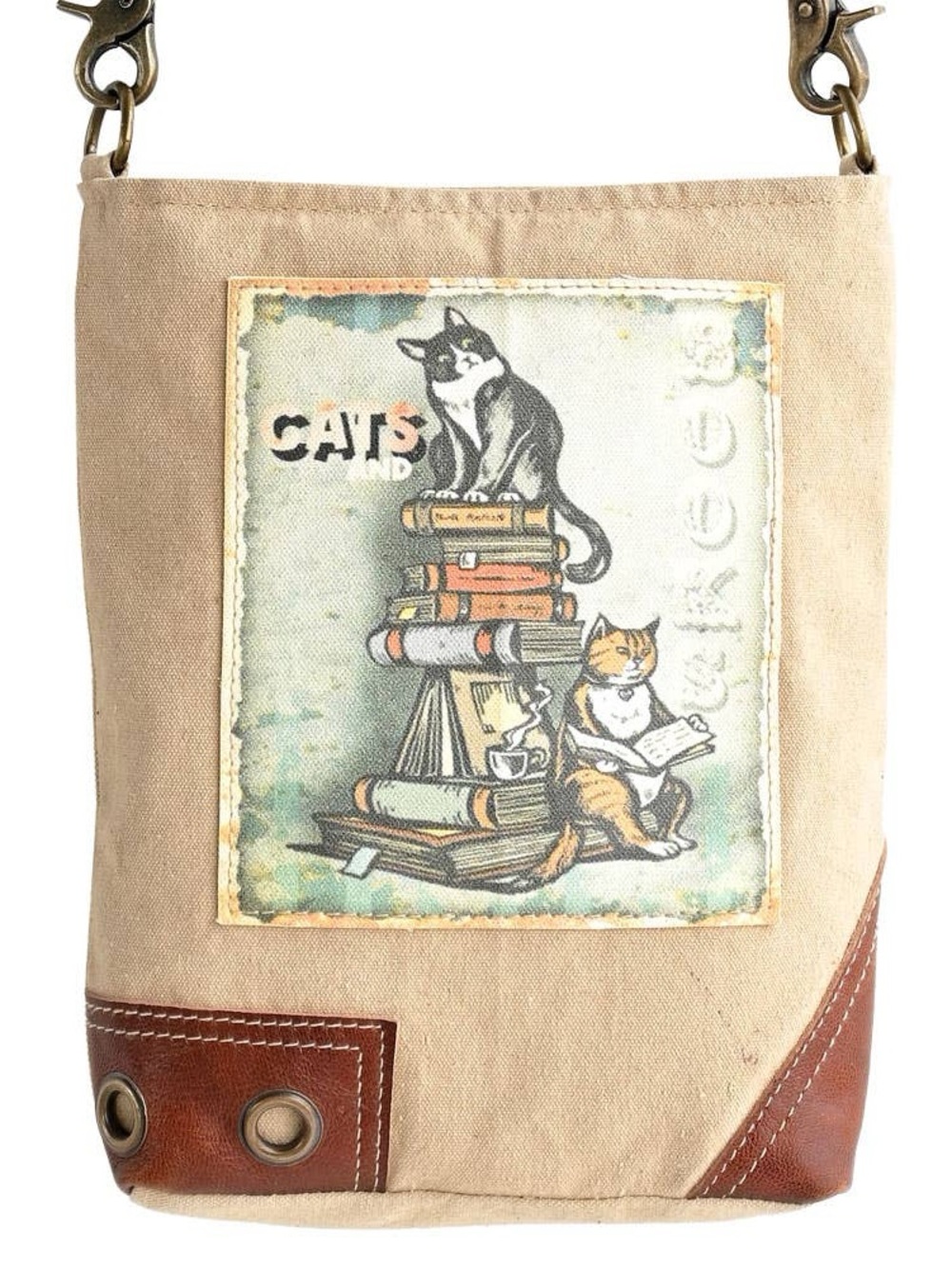 Clea Ray Cats & Books Crossbody Bag Recycled Military Tent Canvas NWT
